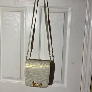 MANOLUCCI leather crocs print beige iridescent gold crossbody crocodile accent.